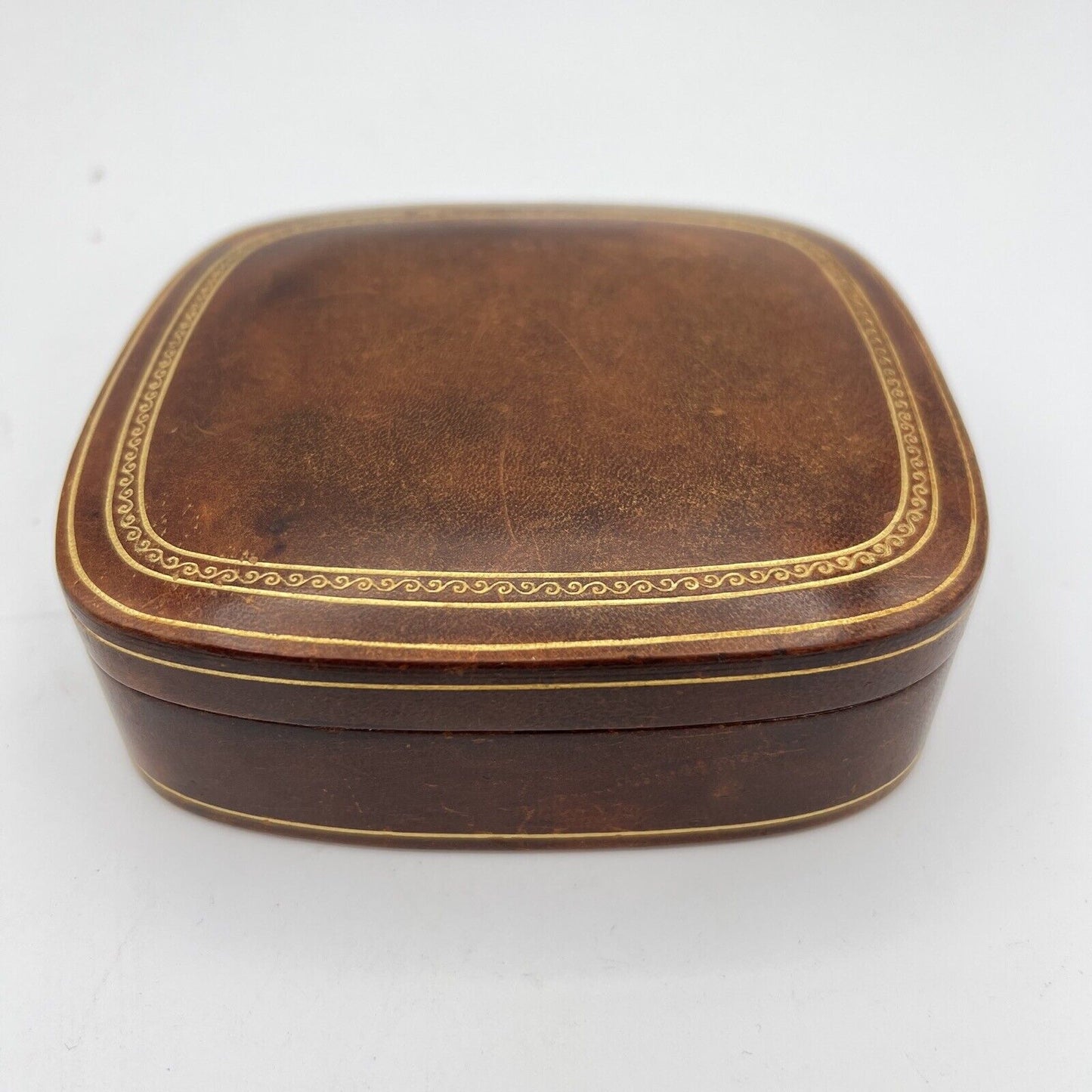 Scatola antica in pelle marrone da scrivania custodia scatolina porta oggetti