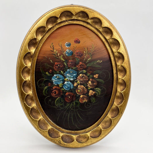 Quadro dipinto a olio firmato quadretto ovale oro fiori antico natura morta