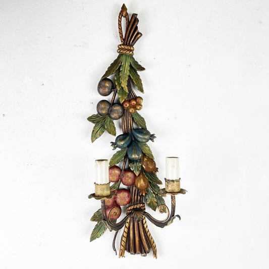 Lampada da parete vintage in legno intagliato scolpito motivo frutta Fiorentina