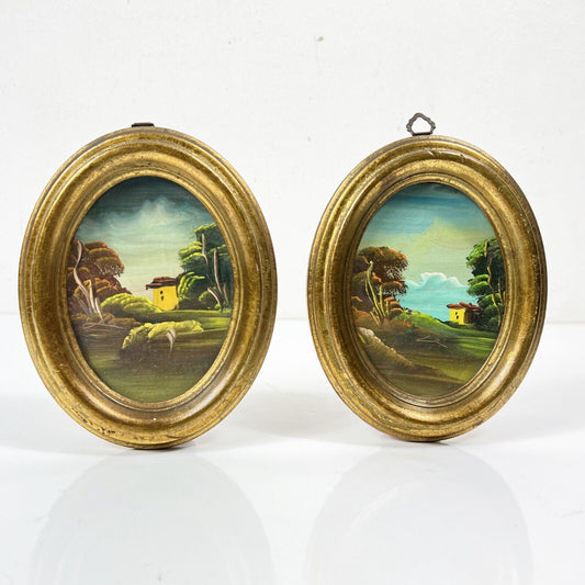 Coppia di quadretti antichi miniature ovali dipinti olio su rame paesaggio