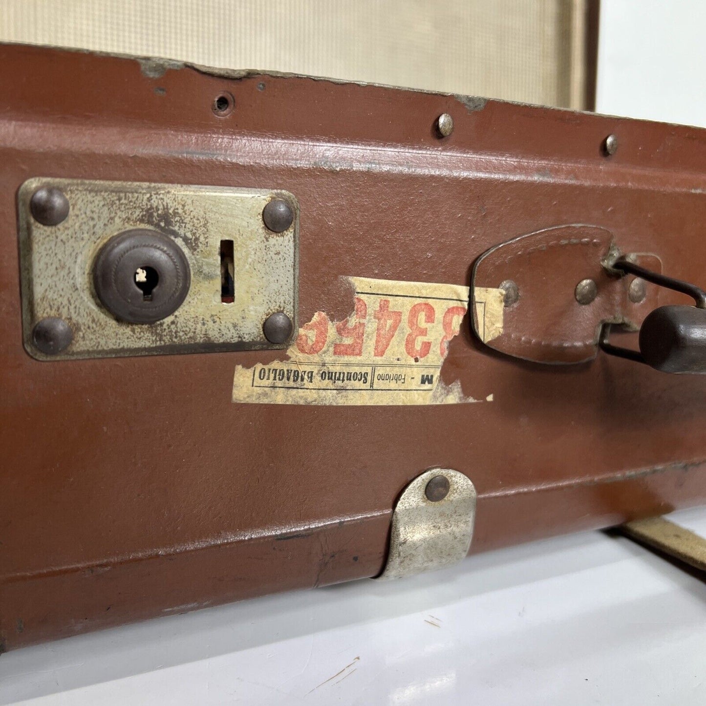 Valigia vintage anni 40 in cartone marrone Borsa Antica bagaglio da viaggio