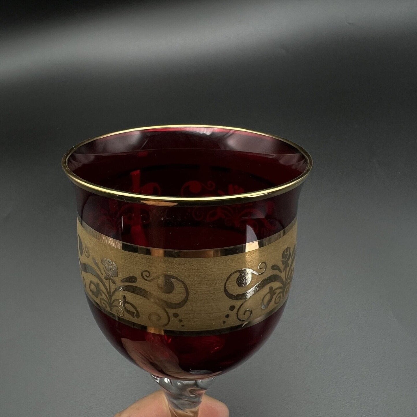 Set Bicchieri vintage in vetro da Vino per aperitivo a calice Anni 70 Rosso Oro