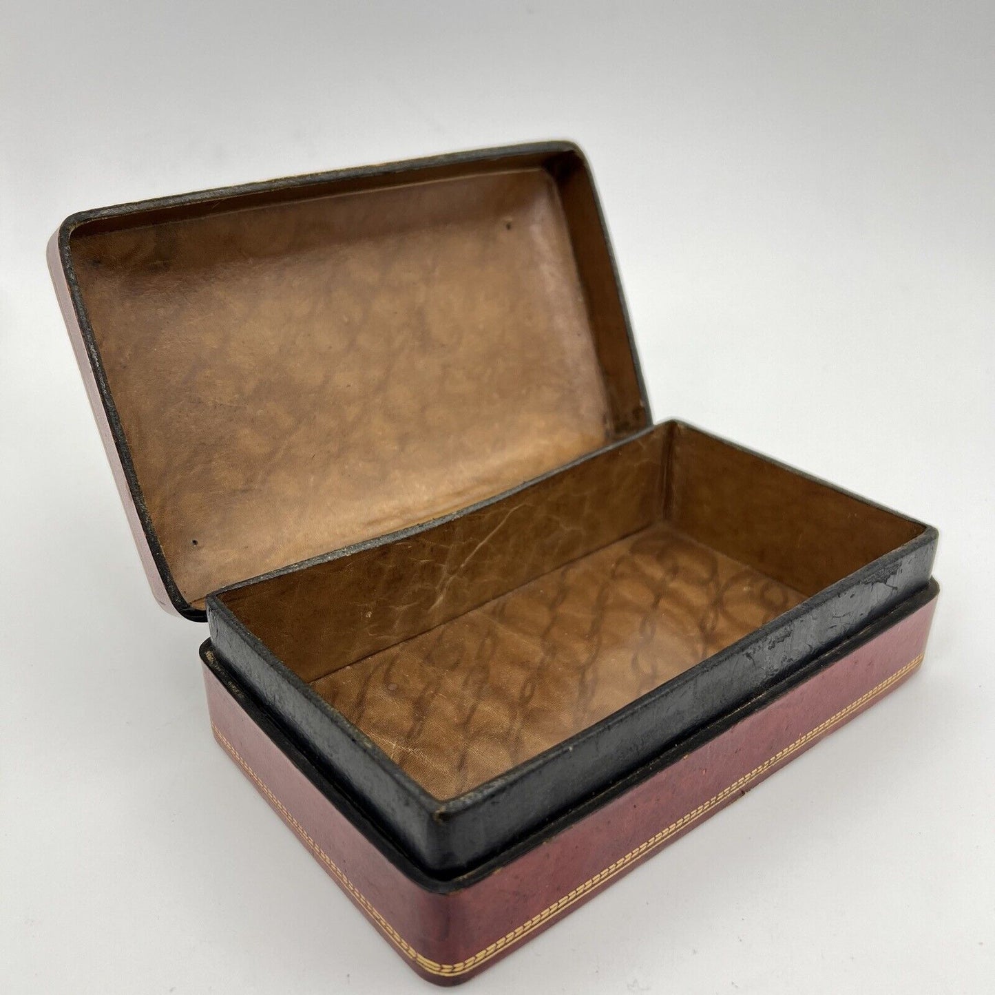 Scatola antica in pelle bordeaux da scrivania scatolina porta oggetti penne