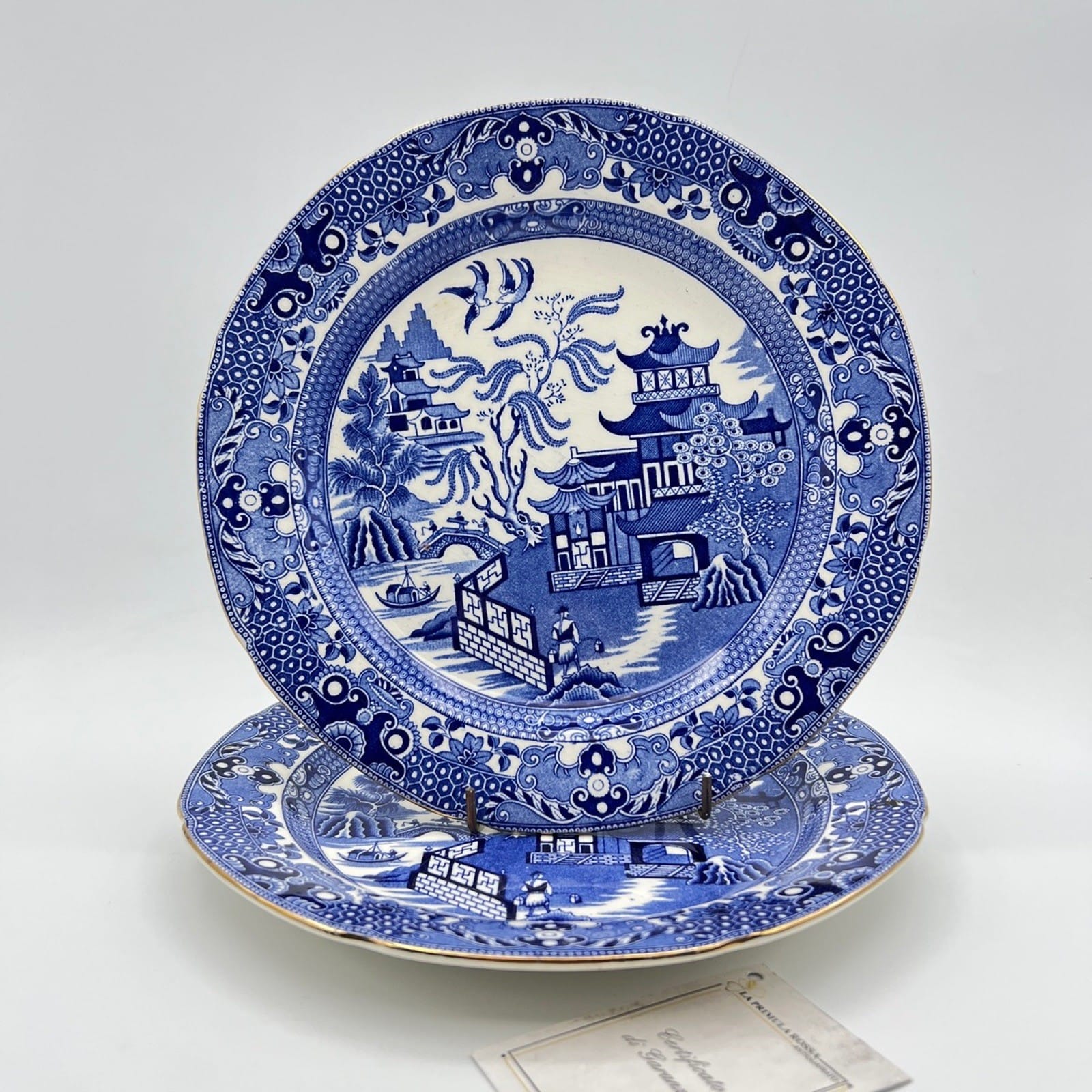 Antica Coppia Piatti piani da portata in ceramica inglese bianco blu Old Willow Categoria  Piatti e Piattini
