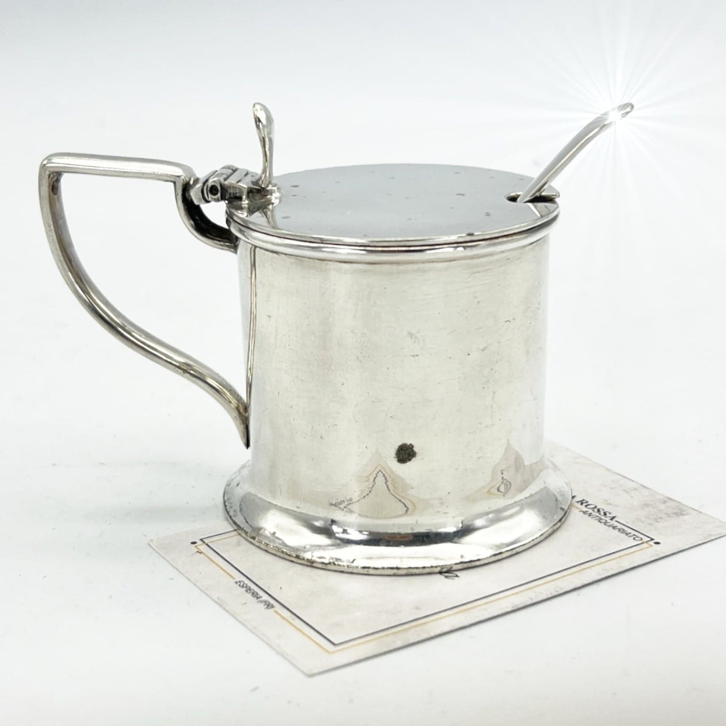 Antica mostardiera in Argento Silver Plated da tavola con cucchiaino epcoa 1920 Categoria  Sheffield & Argento