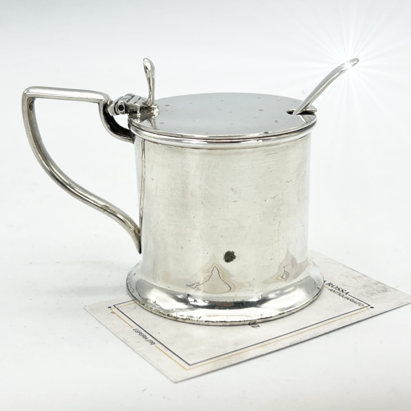 Antica mostardiera in Argento Silver Plated da tavola con cucchiaino epcoa 1920 Categoria  Sheffield & Argento