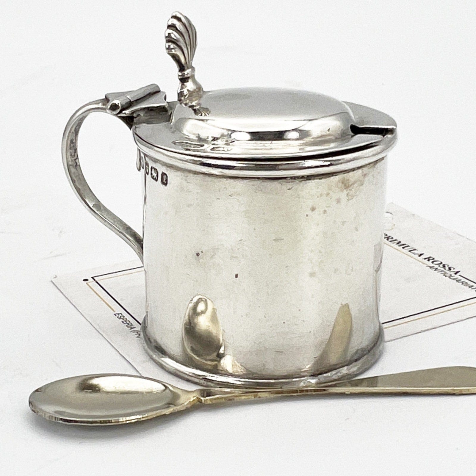 Antica mostardiera in Argento sterling silver 925 da tavola con cucchiaino 1897 Categoria  Sheffield & Argento