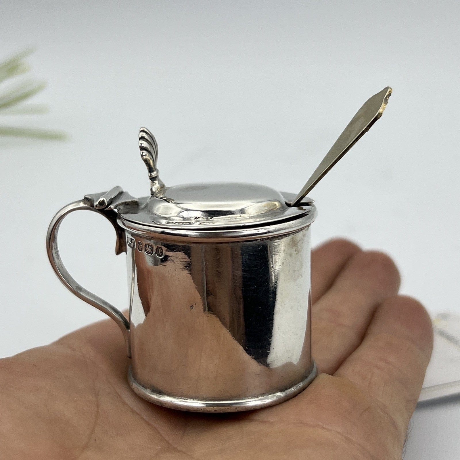 Antica mostardiera in Argento sterling silver 925 da tavola con cucchiaino 1897 Categoria  Sheffield & Argento