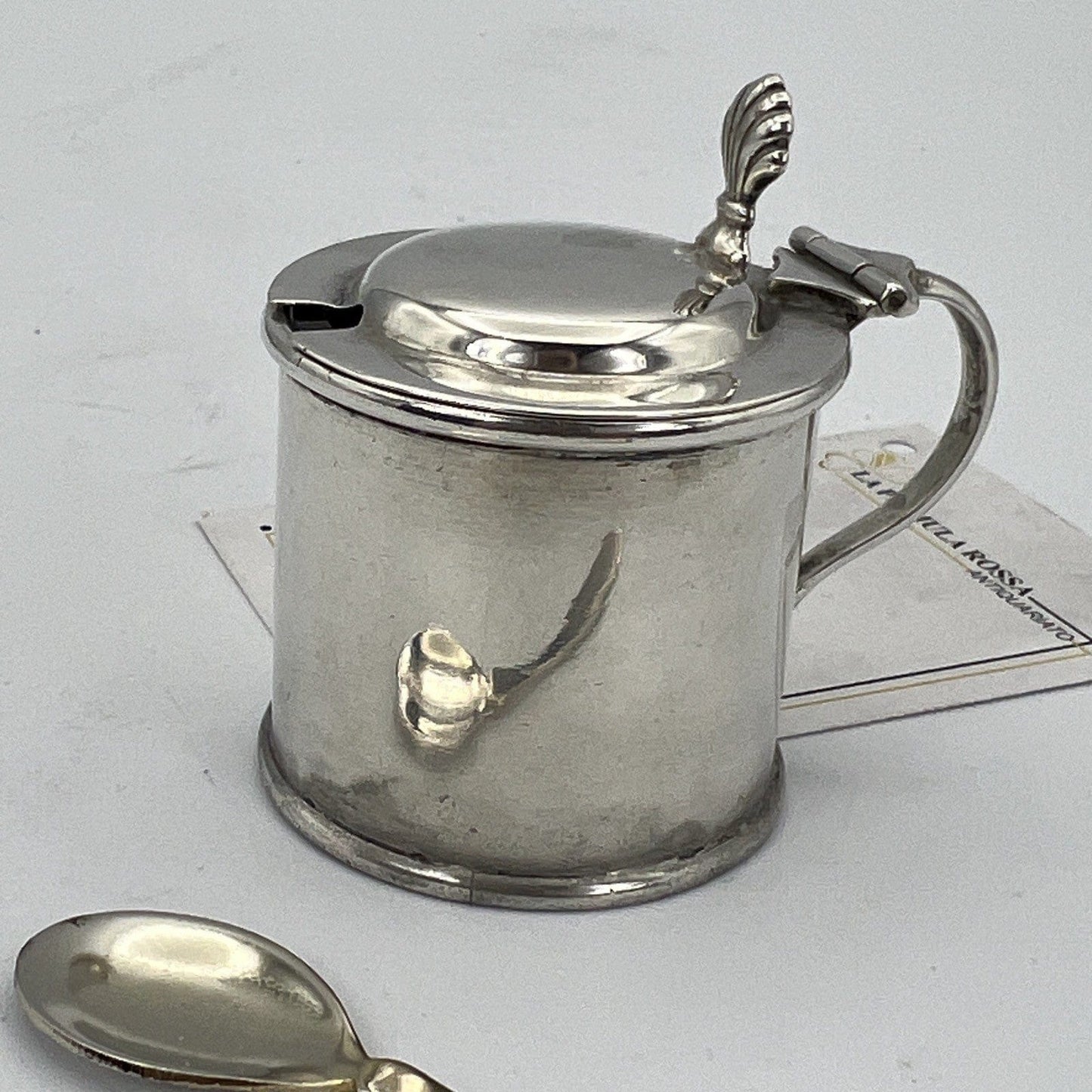 Antica mostardiera in Argento sterling silver 925 da tavola con cucchiaino 1897 Categoria  Sheffield & Argento
