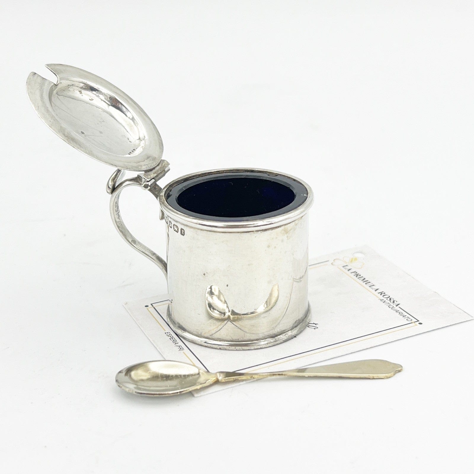 Antica mostardiera in Argento sterling silver 925 da tavola con cucchiaino 1897 Categoria  Sheffield & Argento