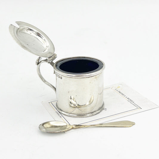 Antica mostardiera in Argento sterling silver 925 da tavola con cucchiaino 1897 Categoria  Sheffield & Argento