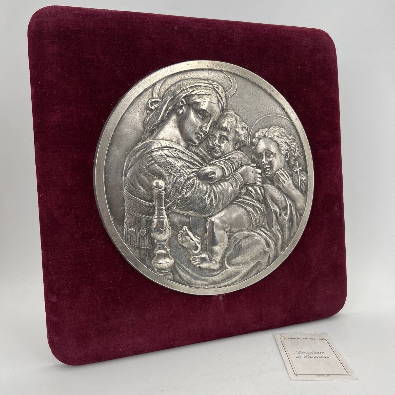 Antica Placca in Argento Massiccio 800 Madonna della Seggiola Capoletto Icona Categoria  Sheffield & Argento