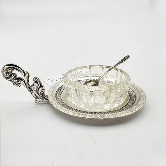 Antica Saliera in argento sheffield plated e vetro con cucchiaino stile impero Categoria  Sheffield & Argento