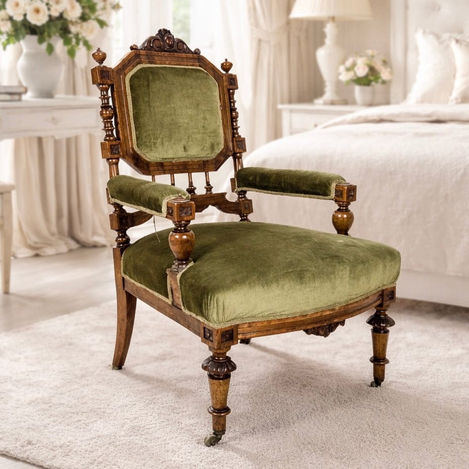 Antica sedia d'epoca 800 velluto verde con braccioli poltrona poltroncina cimasa Categoria  Sedie