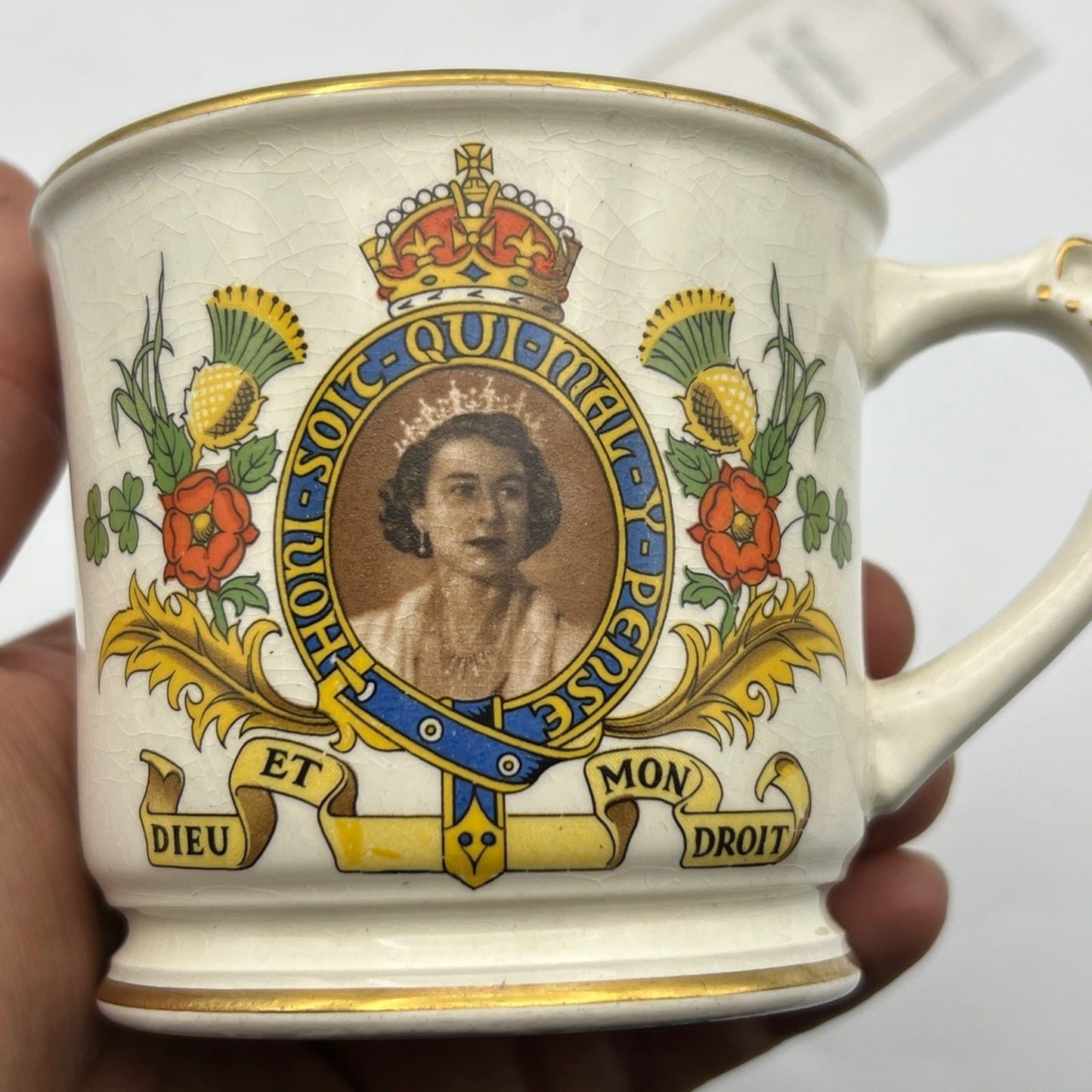 Antica Tazza Mug Inglese Regina Elisabetta II Casa Reale commemorativa 1953 XX Categoria  Arte e antiquariato:Porcellana e ceramica:Altro porcellana e ceramica