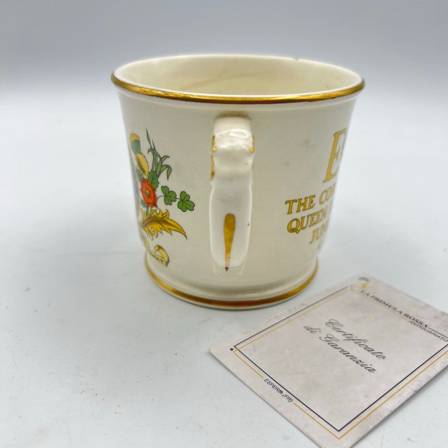 Antica Tazza Mug Inglese Regina Elisabetta II Casa Reale commemorativa 1953 XX Categoria  Arte e antiquariato:Porcellana e ceramica:Altro porcellana e ceramica