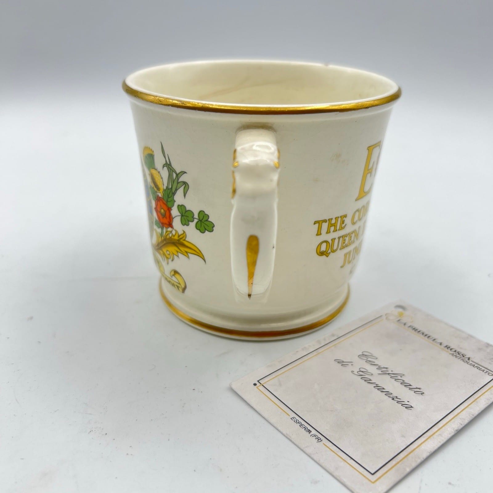 Antica Tazza Mug Inglese Regina Elisabetta II Casa Reale commemorativa 1953 XX Categoria  Arte e antiquariato:Porcellana e ceramica:Altro porcellana e ceramica