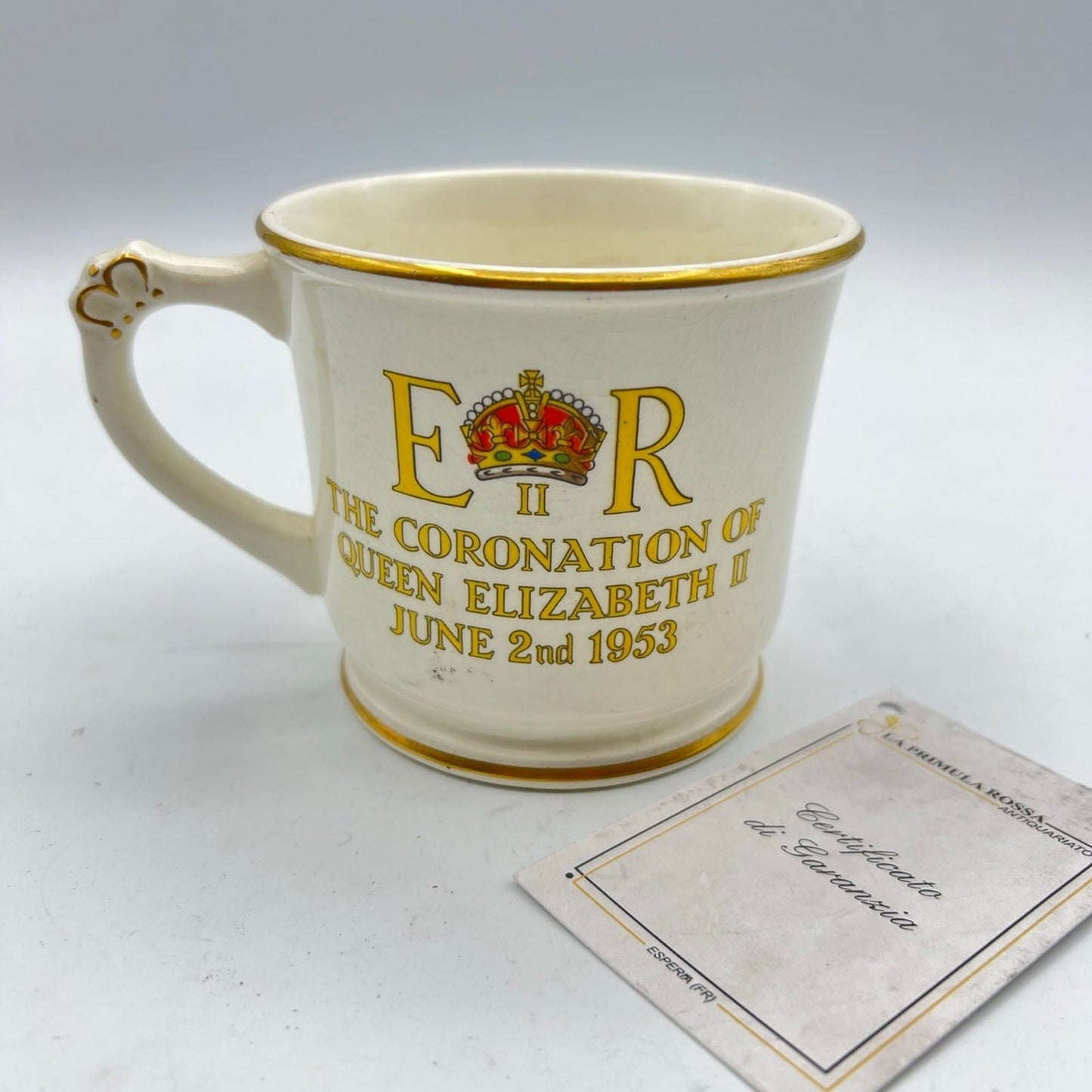 Antica Tazza Mug Inglese Regina Elisabetta II Casa Reale commemorativa 1953 XX Categoria  Arte e antiquariato:Porcellana e ceramica:Altro porcellana e ceramica