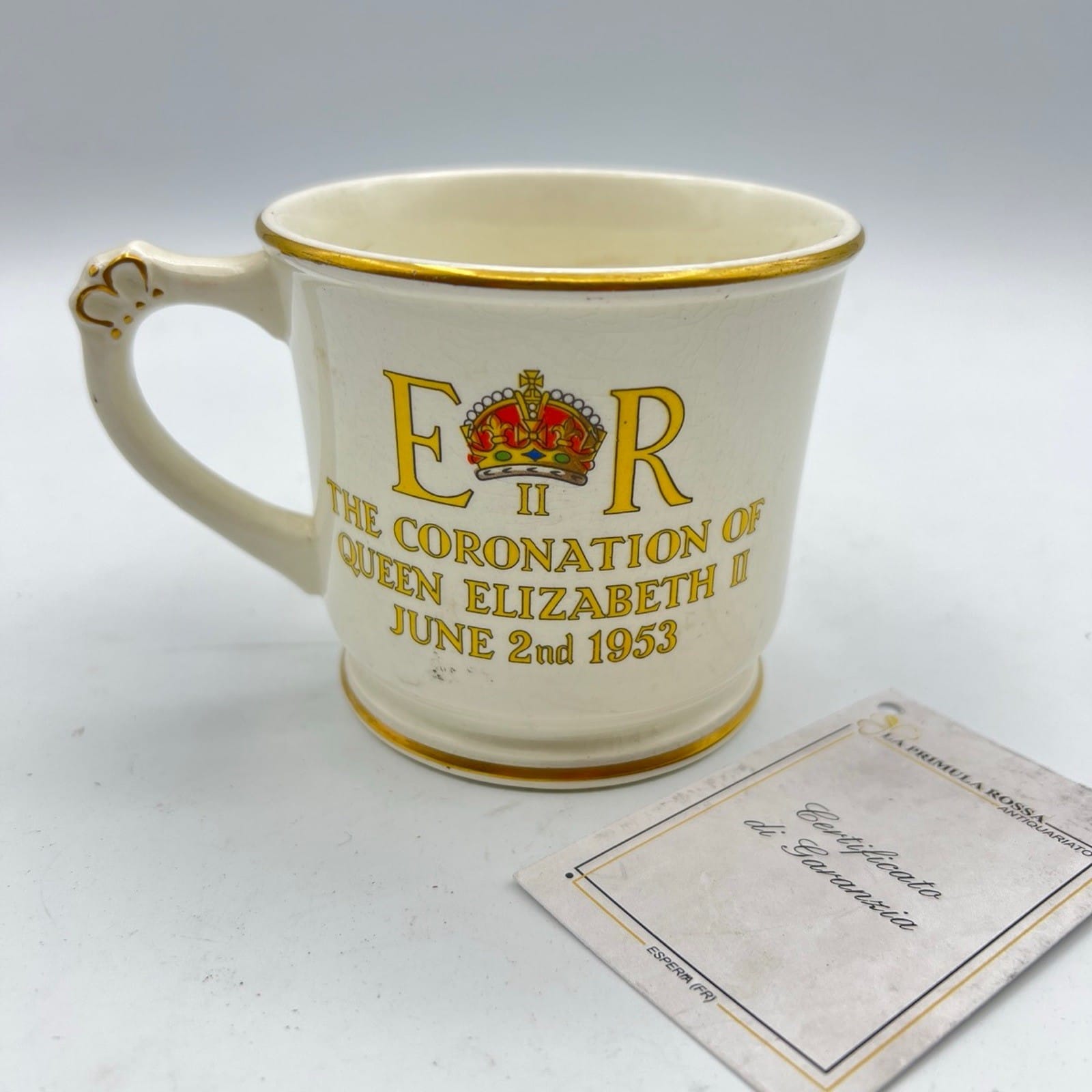 Antica Tazza Mug Inglese Regina Elisabetta II Casa Reale commemorativa 1953 XX Categoria  Arte e antiquariato:Porcellana e ceramica:Altro porcellana e ceramica