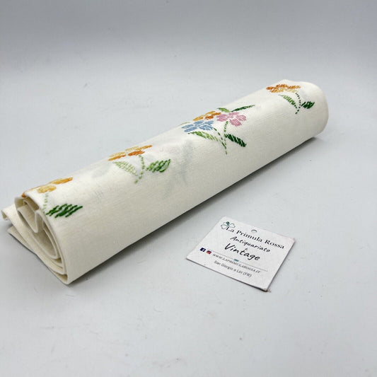 Antico Asciugamano bianco Anni 60 70 in misto Lino Ricamato fiori Vintage Retro Categoria  Corredo Pizzi e Tessuti