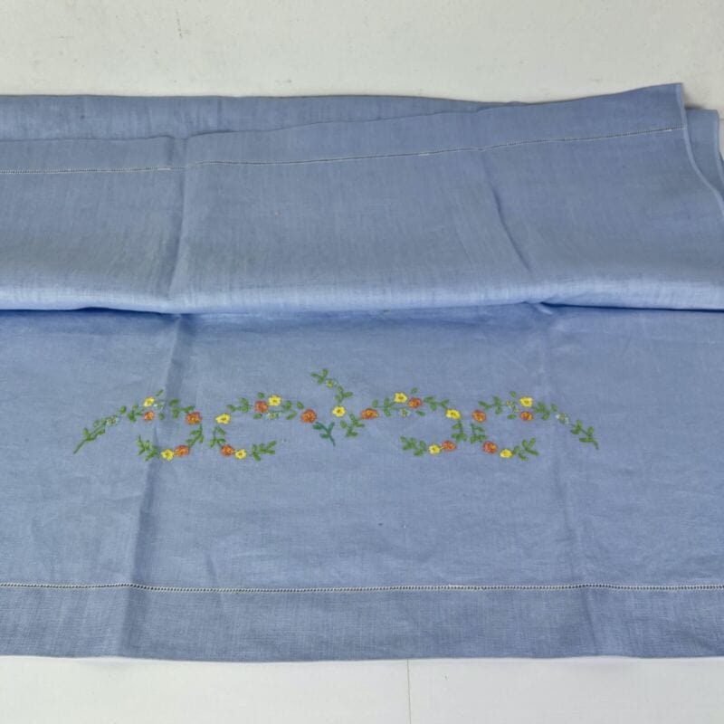 Antico Asciugamano celeste Anni 60 70 in puro Lino Ricamato  fiori Vintage Retro Categoria  Corredo Pizzi e Tessuti