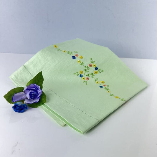 Antico Asciugamano Verde Anni 60 70 in puro Lino Ricamato a fiori Vintage Retro Categoria  Corredo Pizzi e Tessuti
