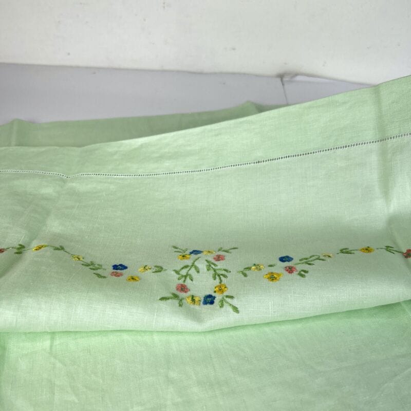 Antico Asciugamano Verde Anni 60 70 in puro Lino Ricamato a fiori Vintage Retro Categoria  Corredo Pizzi e Tessuti