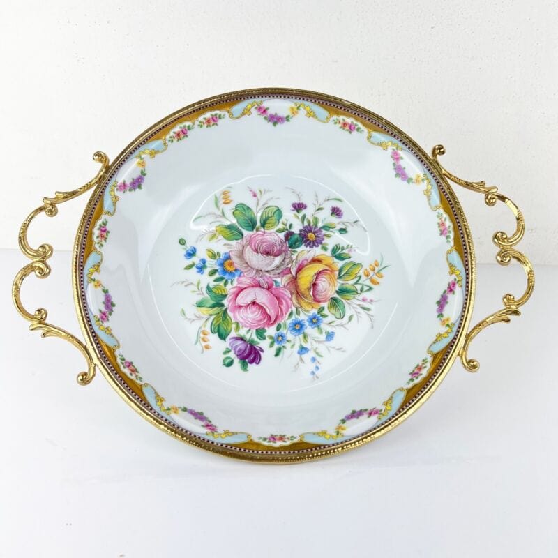 Antico Centrotavola in porcellana Limoges piatto vintage decoro fiori metallo Categoria  Centrotavola e Ciotole