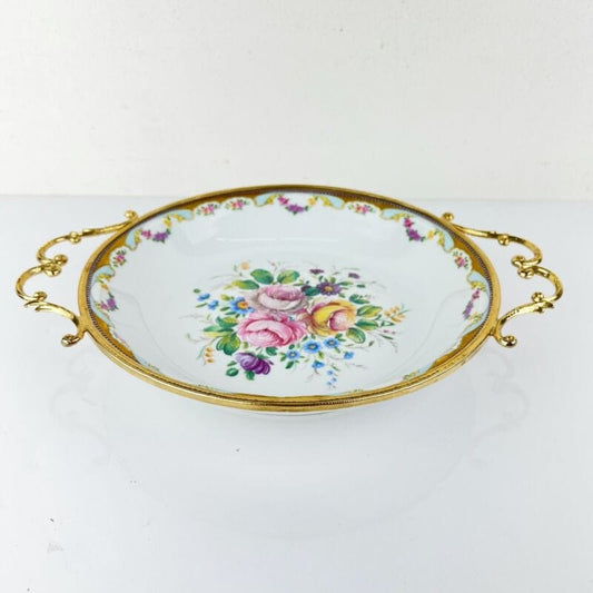 Antico Centrotavola in porcellana Limoges piatto vintage decoro fiori metallo Categoria  Centrotavola e Ciotole