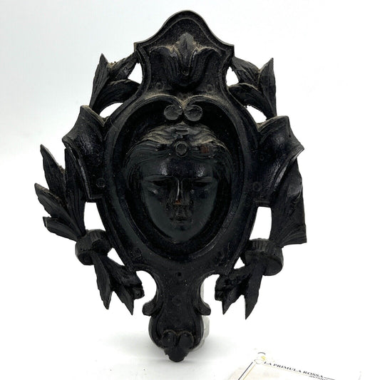 Antico intaglio decorativo Fregio in legno nero con volto di donna d' epoca 800 Categoria  Cimase-Fregi-Intagli in legno