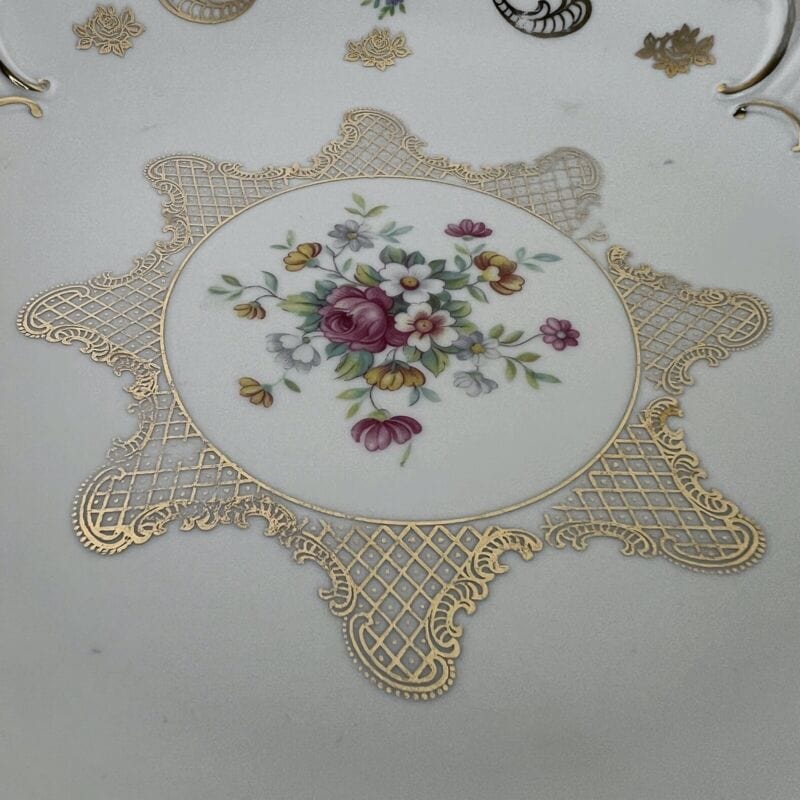 Antico Piatto Centrotavola in Ceramica Bavaria vintage Decoro Fiori Oro Vassoio Categoria  Centrotavola e Ciotole