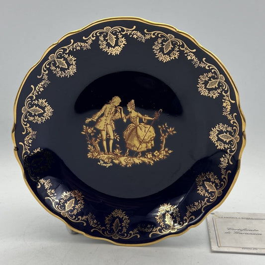 Antico Piatto piattino in porcellana Limoges blu e oro Stile Fragonard Vintage Categoria  Piatti e Piattini