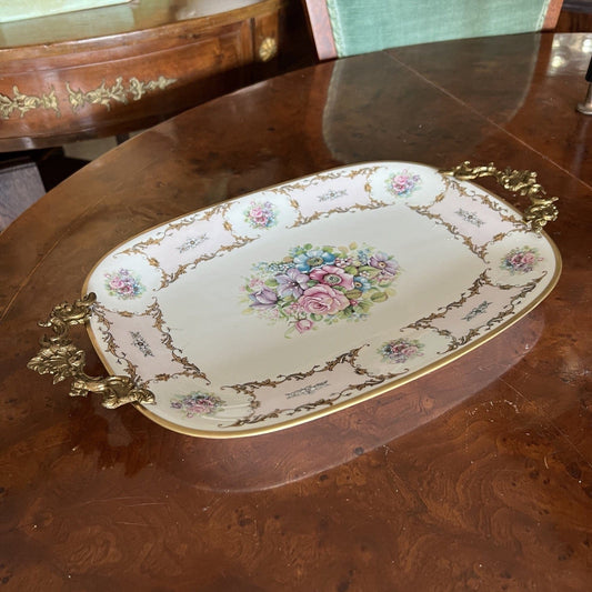 Antico piatto vassoio in porcellana e bronzo Limoges centrotavola vintage fiori Categoria  Piatti Vassoio