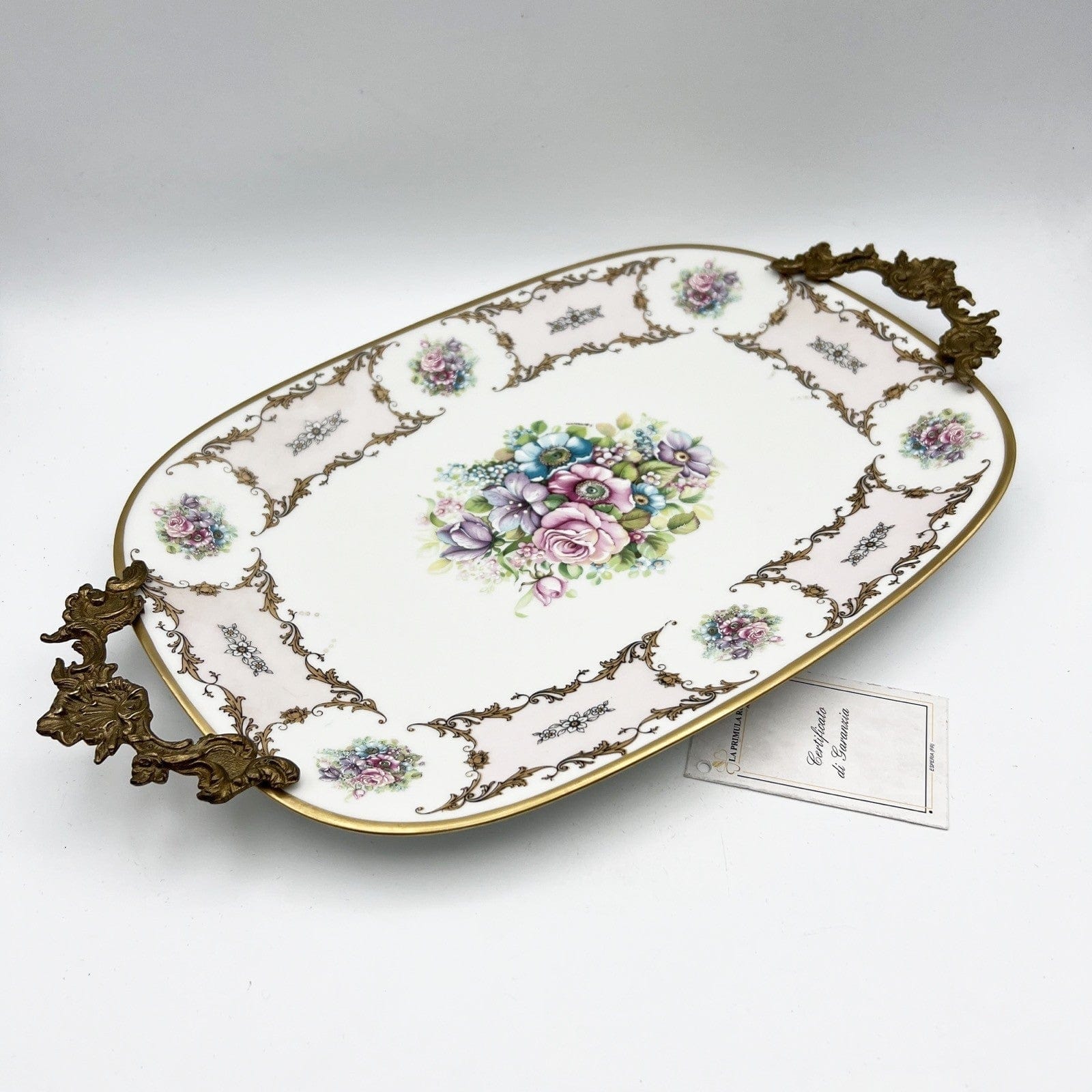 Antico piatto vassoio in porcellana e bronzo Limoges centrotavola vintage fiori Categoria  Piatti Vassoio