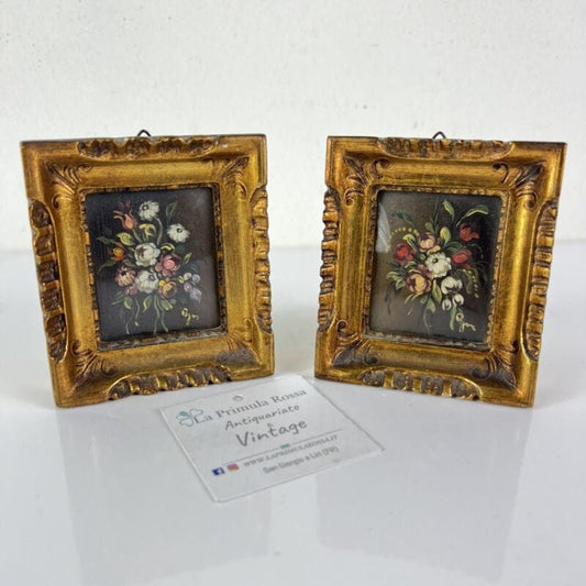 Antico quadretto coppia di quadri oro vintage miniature dipinto Fiori in legno Categoria  Quadri