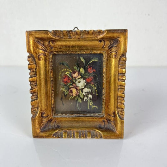 Antico quadretto coppia di quadri oro vintage miniature dipinto Fiori in legno Categoria  Quadri