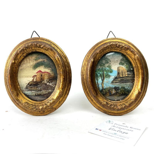 Antico quadretto coppia di quadri oro vintage miniature dipinto paesaggi firmato Categoria  Quadri