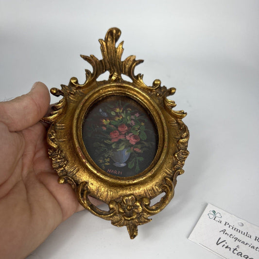 Antico quadretto dipinto a olio stile barocco cornice legno oro miniatura fiori Categoria  Quadri