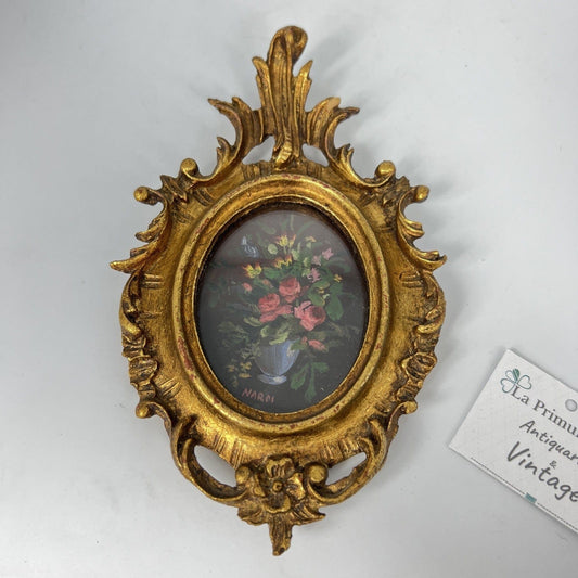 Antico quadretto dipinto a olio stile barocco cornice legno oro miniatura fiori Categoria  Quadri