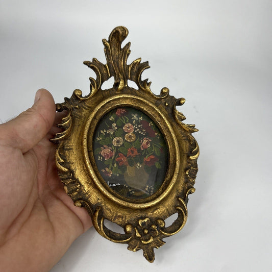 Antico quadretto dipinto a olio su rame stile barocco cornice miniatura fiori Categoria  Quadri