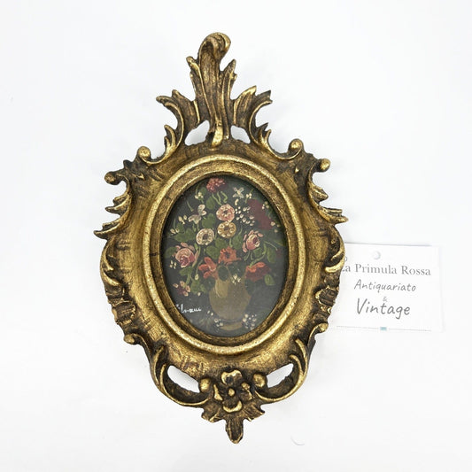 Antico quadretto dipinto a olio su rame stile barocco cornice miniatura fiori Categoria  Quadri