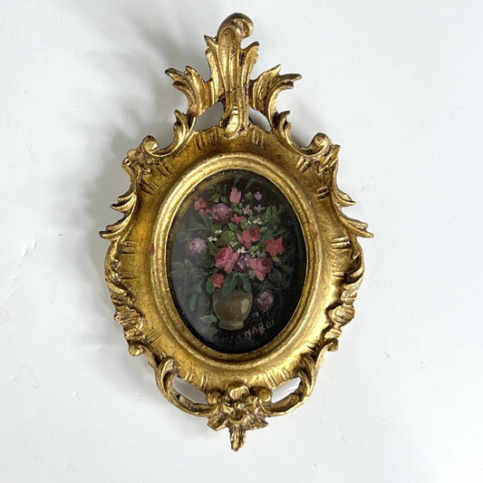 Antico quadretto stile barocco cornice legno e oro vintage in miniatura fiori Categoria  Quadri