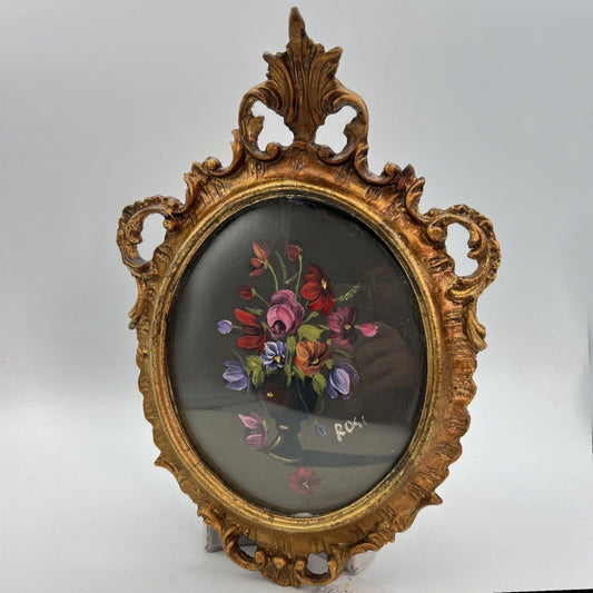 Antico quadretto stile barocco cornice legno e oro vintage in miniatura fiori Categoria  Quadri