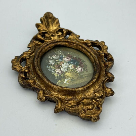 Antico quadretto stile barocco cornice legno e oro vintage in miniatura fiori Categoria  Quadri