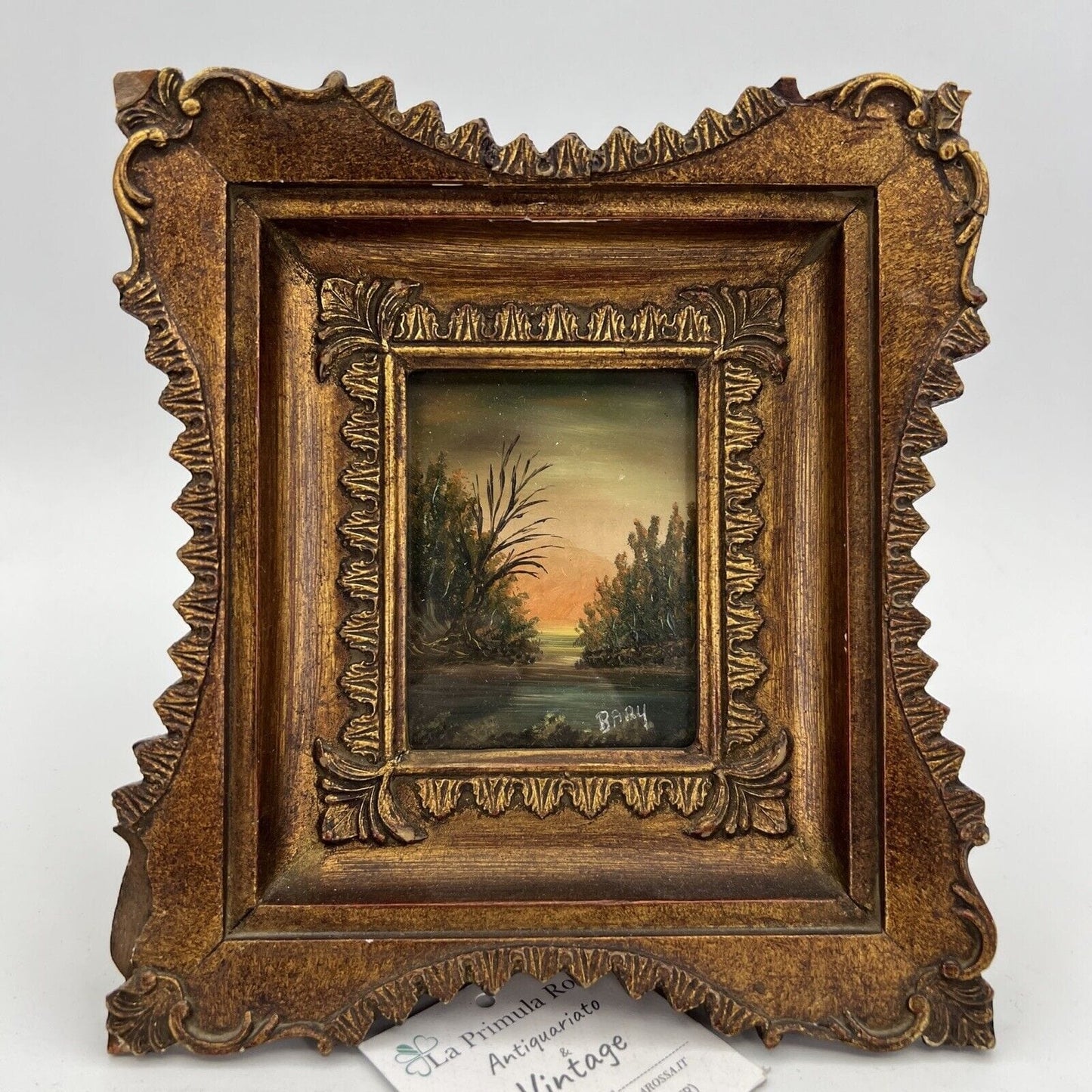 Antico Quadretto stile Barocco cornice oro dipinto vintage in Miniatura Bucolica Categoria  Quadri