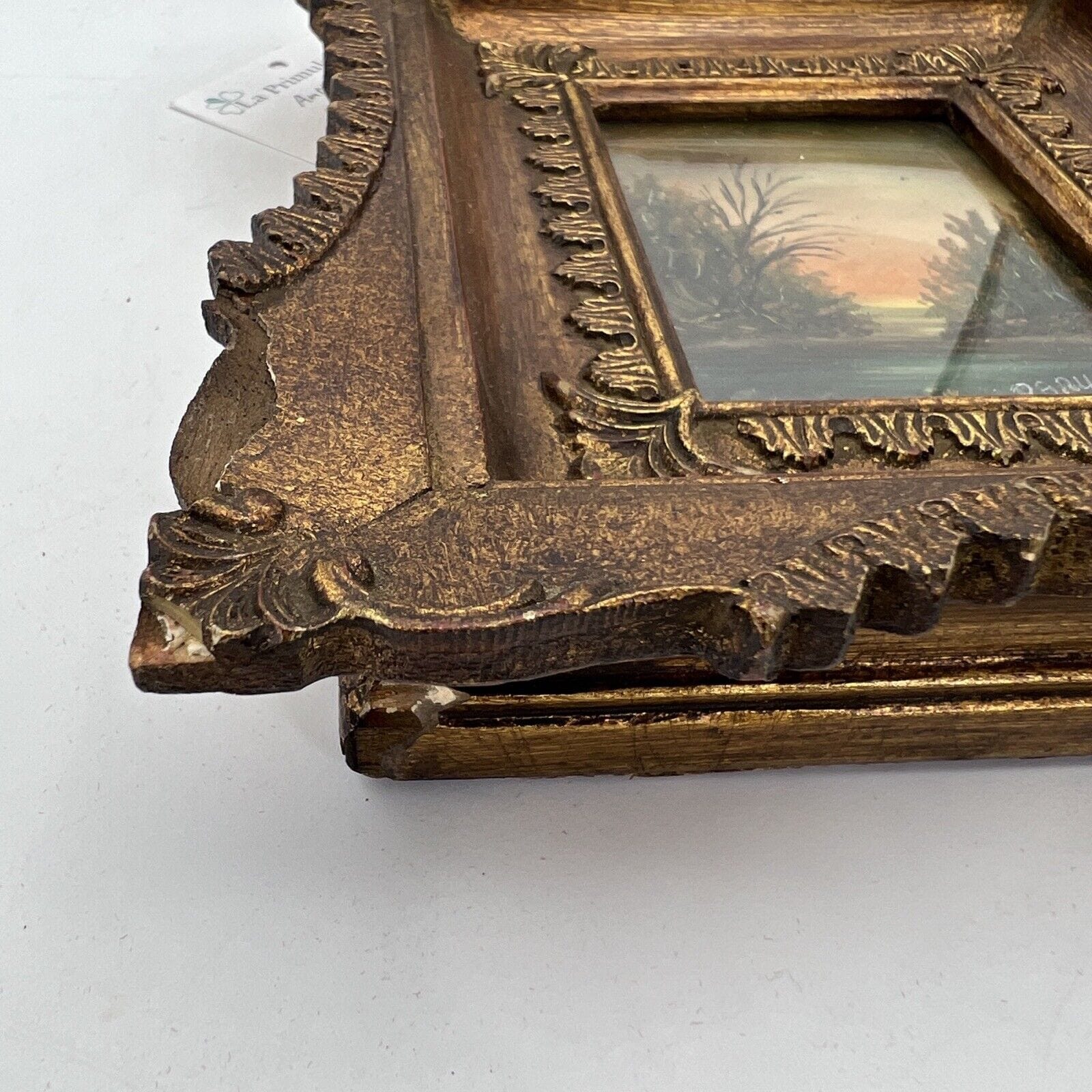 Antico Quadretto stile Barocco cornice oro dipinto vintage in Miniatura Bucolica Categoria  Quadri