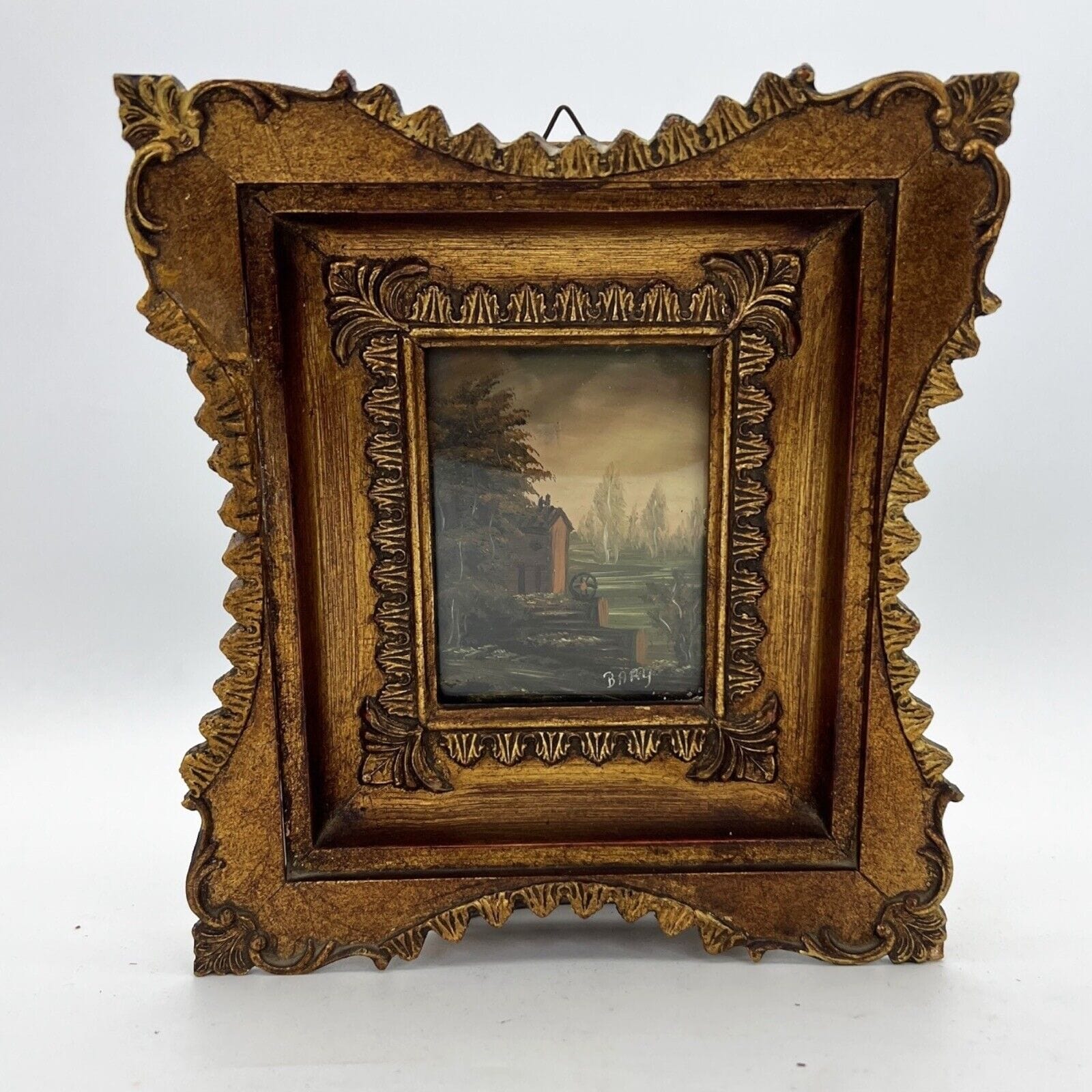 Antico Quadretto stile Barocco cornice oro dipinto vintage in Miniatura Bucolica Categoria  Quadri
