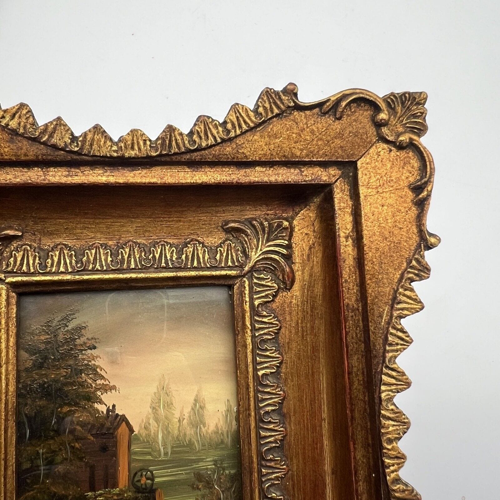 Antico Quadretto stile Barocco cornice oro dipinto vintage in Miniatura Bucolica Categoria  Quadri