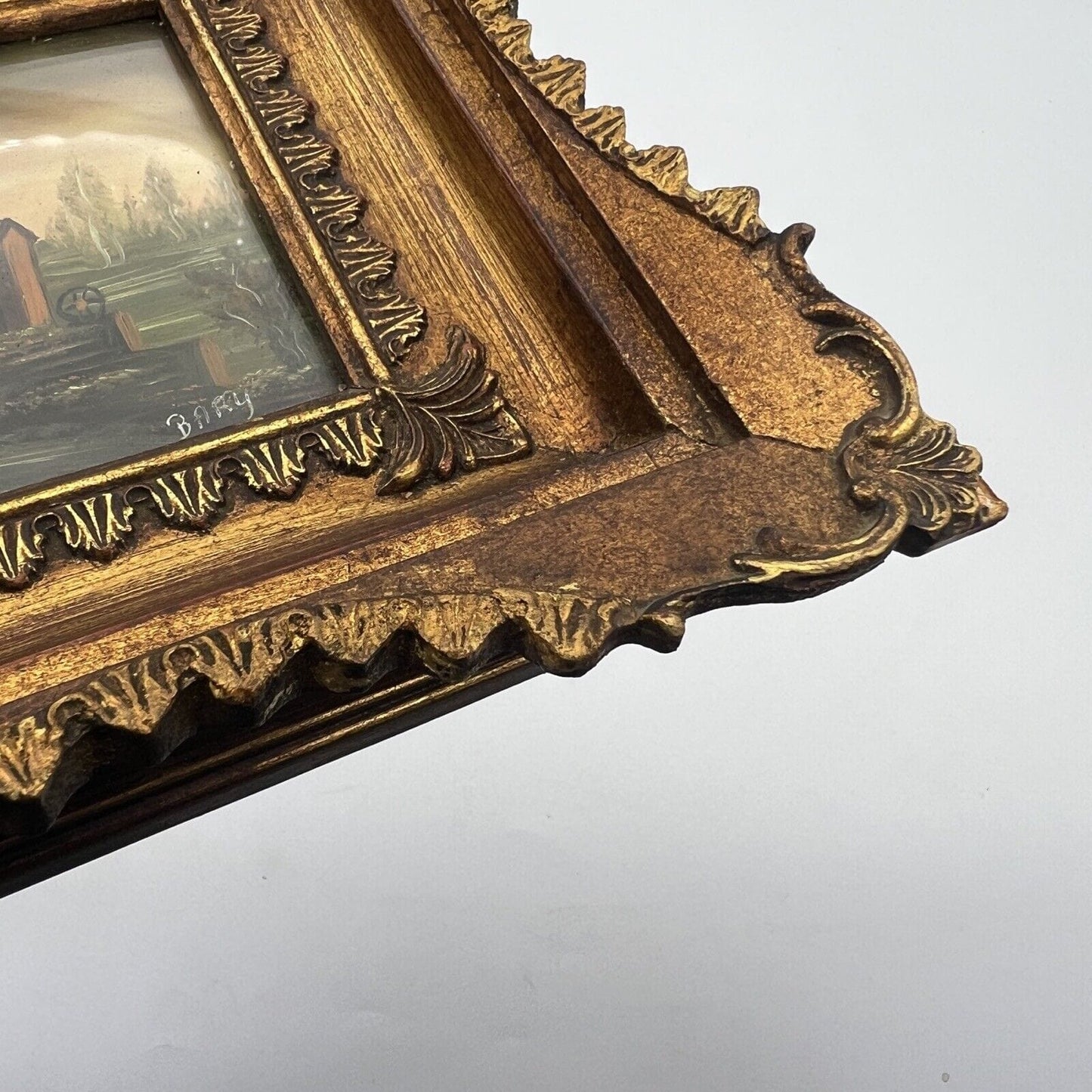 Antico Quadretto stile Barocco cornice oro dipinto vintage in Miniatura Bucolica Categoria  Quadri