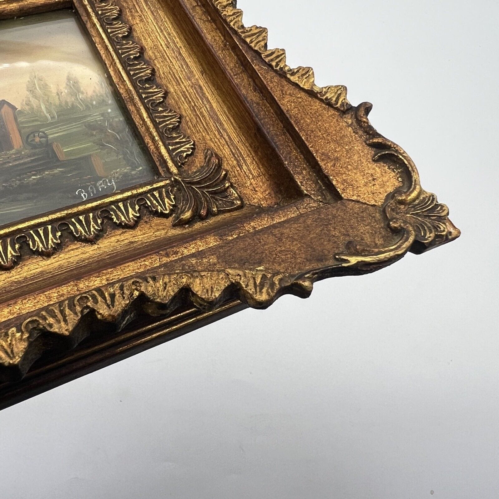 Antico Quadretto stile Barocco cornice oro dipinto vintage in Miniatura Bucolica Categoria  Quadri